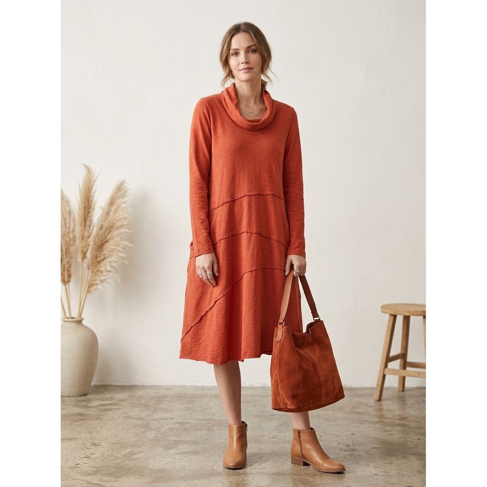 Cynthia Ashby Burnt Orange Cowl Neck Raw Edge Seam Lagenlook Midi Dress Medium